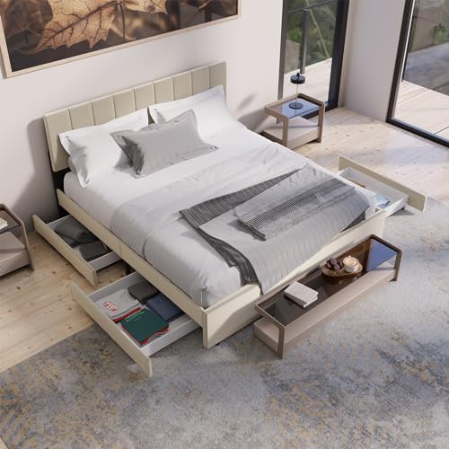 Juskys Samt Polsterbett Soria 180x200 cm mit Lattenrost & Schubladen - modernes Bett - Kopfteil höhenverstellbar - Jugendbett - Doppelbett Beige
