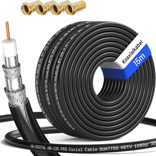 HB-DIGITAL 15m Câble Coaxial HQ-135 Câble d'Antenne 135dB Câble SAT 8K 4K UHD 4 Fois Blindé Pour les Systèmes DVB-S / S2 DVB-C / C2 DVB-T / T2 DAB+ Radio BK + 4 F-Plug GRATUIT