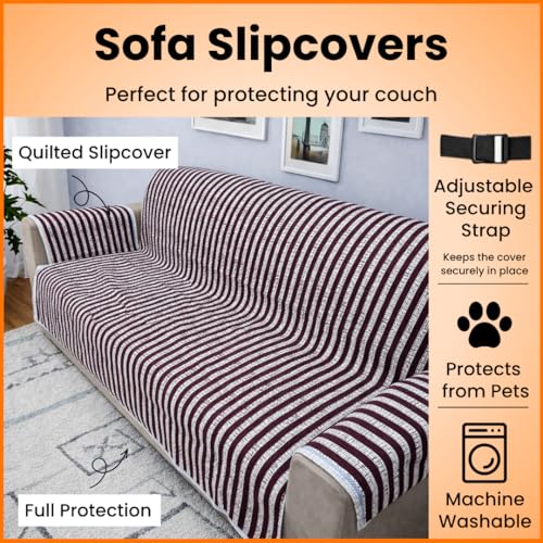 Image of Homerz Premium 3 Seater Quilted Reversible Sofa Cover Mat with Pocket Arms | Polyester Blend 350 GSM Full Coverage & Back Belt for Stability (Azurea, 3 Seater)
