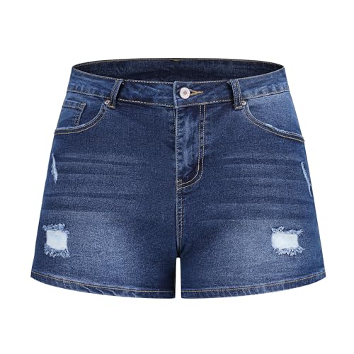 Image of THUNDER STAR Women Mid Rise Ripped Stretchy Jeans Shorts Frayed Raw Hem Casual Denim Shorts