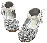 BoBo Angel Mädchen Mary Jane Halbschuhe Prinzessin Paillette Ballerina mit Perlen Riemchen Klettverschluss Festliche Glitzer Schuhe - Silber Größe 26