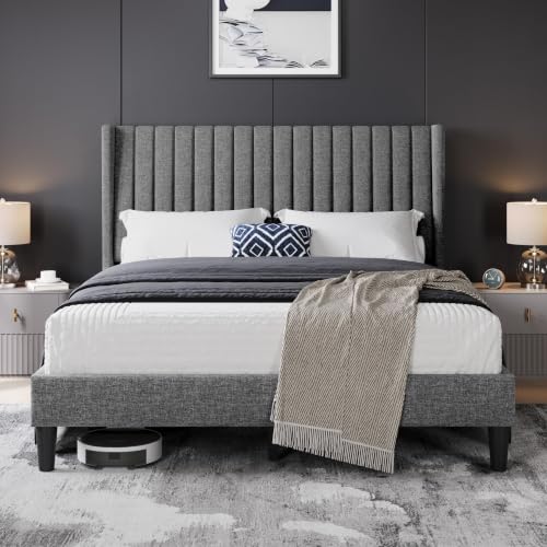 Image of Yaheetech Queen Bed Frame with Headboard,Light Gray Channel-Tufted Platform