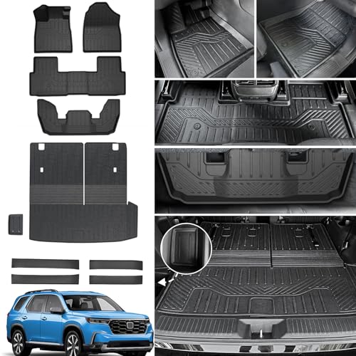 JOULARISE Floor Mats Cargo Mat for Honda Pilot 2026 2025 2024 2023 All Weather TPE Cargo Liner Trunk Mat with Backrest Mat Door Sill Protectors Car Accessories for Pilot (Floor Mats Set)