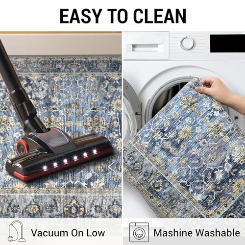 Image of KUTA Vintage 2x3 Rugs for Entryway, Non-Slip Washable Area Rug & Indoor Door Mat with Floral Print, Blue Grey Beige Ultra Thin Soft Low-Pile Throw Rug for Kitchen Front Door, Bedside, Small Spaces