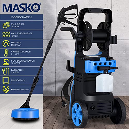 MASKOยฎ Hogedrukreiniger 2200 Watt 165 bar 450 l/u, met spoel slanghaspel 10 m slang 9-delige accessoireset, met zeepfles schuimmondstuk, hogedrukpistool voor auto's/hekken/tuin/patio's - Afbeelding 3
