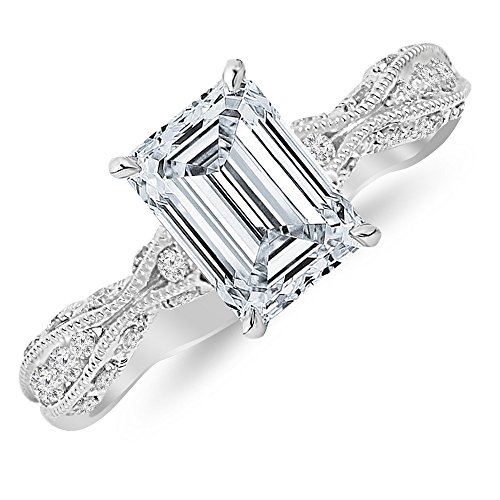 1 Carat 14K White Gold Channel Set Eternity Curving Emerald Cut GIA Certified Diamond Engagement Ring (0.75 Ct K Color VS2 Clarity Center Stone)
