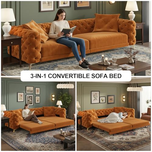 Image of KCGKCG 97.7 inch Sleeper Sofa Bed, Velvet Sectional Couches for Living Room /Bedroom, 3 in 1 Pull Out Couch Bed, Convertible Sectional Couch loveseat Sofa with Movable Ottoman, Orange