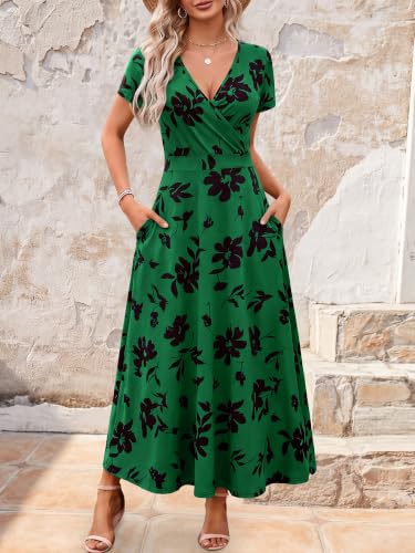 Image of HUHOT Women's Short Sleeve Wrap V Neck Dresses for Wedding Guest Summer Floral Maxi Sundresses with Pockets Boho Dress