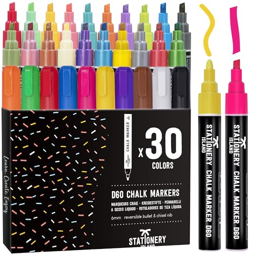 Stationery Island Rotuladores Tiza Liquida, Rotulador Tiza Liquida, Rotuladores Cristal Borrable, 6mm - Pack de 30 Colores