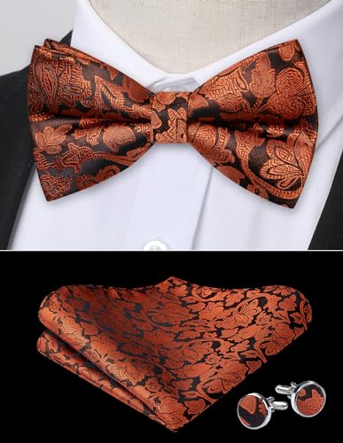 Image of HISDERN Bow Ties for Men Pre-Tied Bow Tie Floral Paisley Handkerchief Classic Formal Bowtie and Pocket Square Cufflinks Set