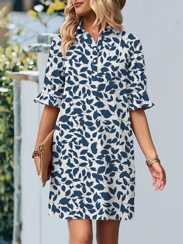 Image of FENSACE Womens Casual Shirt Dress Ruffle Sleeve Button Down Shift Summer Dresses with Pockets