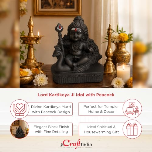 Image of eCraftIndia Lord Kartikeya Ji Idol with Peacock for Home Decor | Black Finish Kartikeya Murti | Spiritual Decorative Showpiece for Temple, Living Room & Gifting