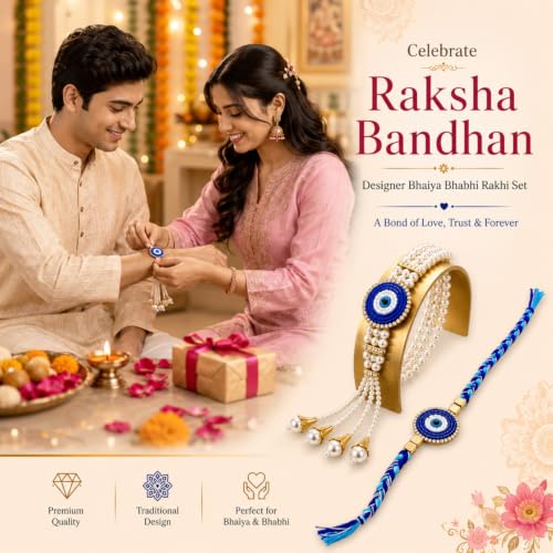 Image of Bhaiya Bhabhi Rakhi Set with Pearl Bracelet | Designer Rakhi for Brother & Bhabhi | Traditional Raksha Bandhan