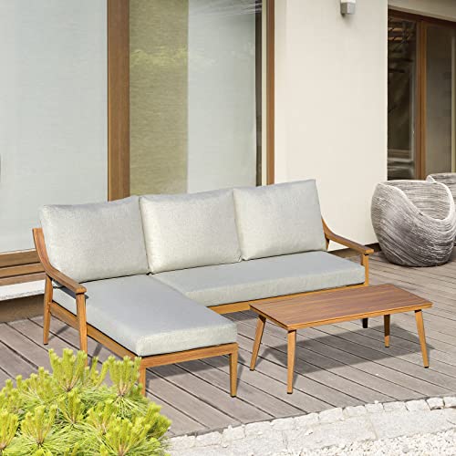 Yiibcio Gartenmöbel 3-teiliges Set mit Chaiselongue Doppelsofa Beistelltisch Natur Loungemöbel Gartenmöbel weiche… – Bild 4