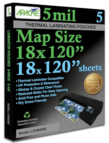Image of Apache Map Banner Size Laminating Pouches, 5 Mil, 5 Pack, 18 x 120 Inch Pouch Size Laminating Sheets, Thermal Laminator Compatible, Super Clear, Round Corners