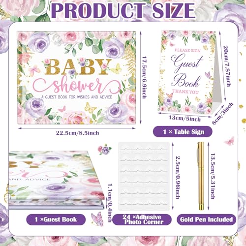 Image of Fuyoooo 27 Pcs Butterfly Floral Baby Shower Guest Book Set Baby Shower Sign in Guest Floral Book Place Table Cards with Gold Pen Adhesive Photo Corner for Birthday Party
