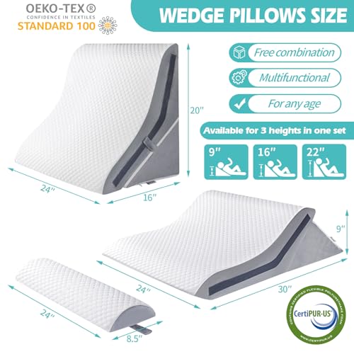 Keilkissen zum Schlafen, orthopädisches Bettkeilkissen-Set, 15-in-1 verstellbares Keilkissen aus Memory-Schaum nach Operationen, 22,9 & 40,6 & 50,8 cm Höhe, 3-in-1 Neigungskissen, Keile für