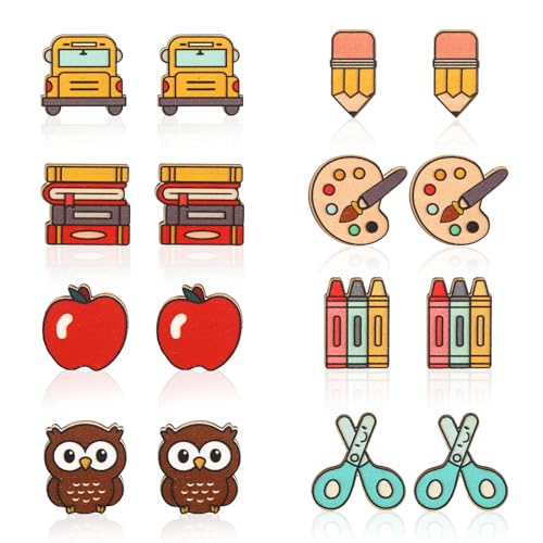 Whaline 8 Pairs Teacher Earring Studs School Bus Pencil Apple Owl Wood Earrings Cute Back to School Wooden Earrings for Women Girls First Day of School Party Jewelry Gift Accessories