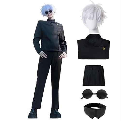 Moalioi Satoru Cosplay Anime Cosplay Costume Outfit Uniform with Eye Mask Glasses Wig Full Set for Men - XX-Large - Satoru Wig