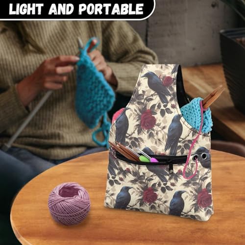 Image of ZUXONGSY Crow Yarn Storage Bag for Women Rose Knitting Project Bag Vintage Knit Wrist Bag Lightweight Crochet Organizers and Storage