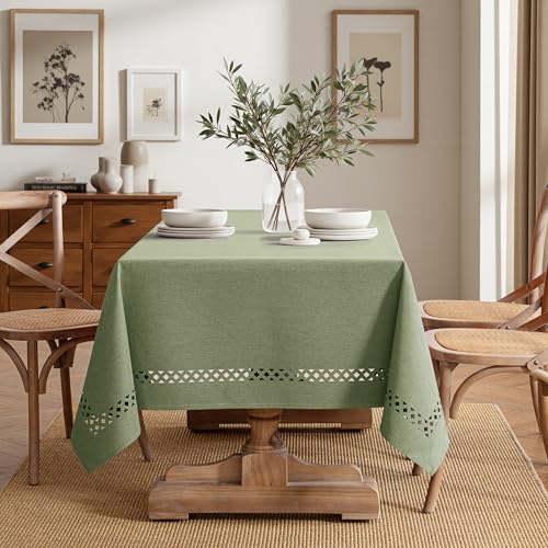MIULEE Sage Green Rectangle Linen Polyester Tablecloth with Decorative Cutouts Spring Waterproof Stain Resistant & Shrink-Proof Table Cloth 60x84 inch Farmhouse Style for Dining Wedding Party by MIULEE - Used condition - Image 6