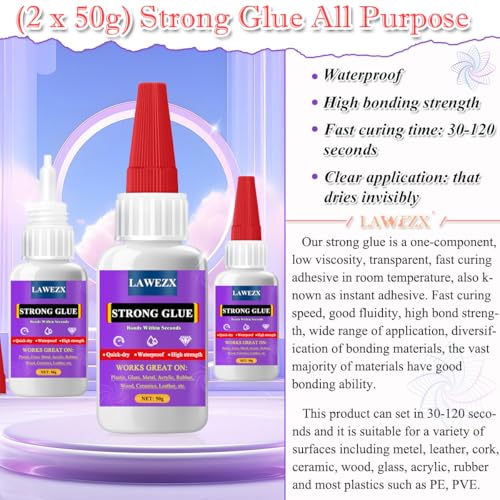 100g Sekundenkleber Extra Stark, LAWEZX Flüssiger Superkleber - Wasserfest | Hitzebeständig | Schnell Trocknen | Hochfester, Alleskleber für Kunststoff, Glas, Holz, Metall, Keramik, Gummi, Basteln uvm