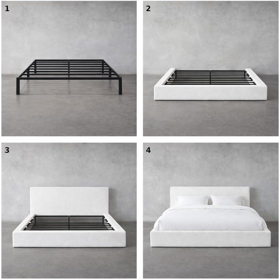 Square Bed – Washable Cover - Soft Upholstered Linen - Minimalist Modern - Sold Separately(Beige Linen, Queen Base)