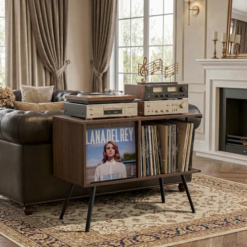 Image of Faesun Flip Top Record Player Stand, Large Turntable Stand Holds up to 150+ Albums, Vintage Mid Century Record Player Table, Stereo Cabinet with Open Storage, for Living Room, Bedroom, Walnut