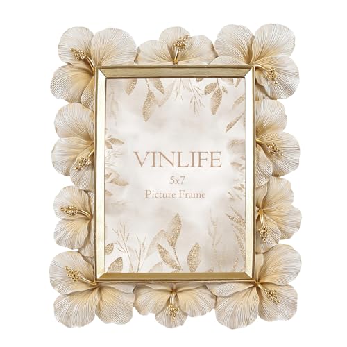 VINLIFE Vintage Picture Frames 5x7 Antique White and Gold Ornate Flower Picture Frame with Real Glass Tabletop and Wall Mount Old-Fashioned Decorative Gallery Wall Art