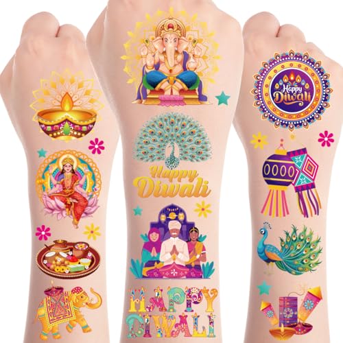 8 Sheets Diwali Decorations for Home 200+ Happy Diwali Festival Temporary Tattoos Indian Deepavali Stickers Rangoli Mandala Themed Temporary Tattoos Party Favors Supplies Prizes Rewards
