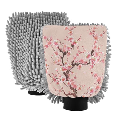 ALAZA Pink Cherry Blossom Flower Floral 1 Car Wash Mitt Scratch Free, 2 Pack Absorbent Microfiber/Chenille Washing & Drying Mitts, L