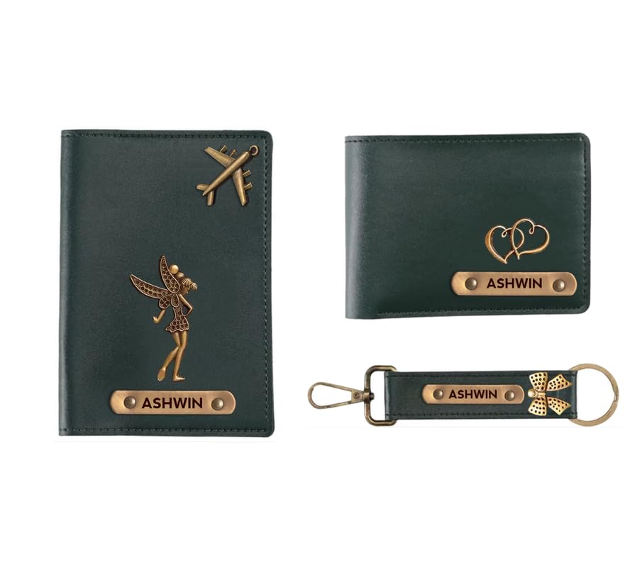 navya royal art Customized Gift Passport Cover Gift Set for Men Personalized Name Wallet Combo with Key Chain Charm Mens Leather Wallet+Passport+Keychain Birthday (Green)-picture-46