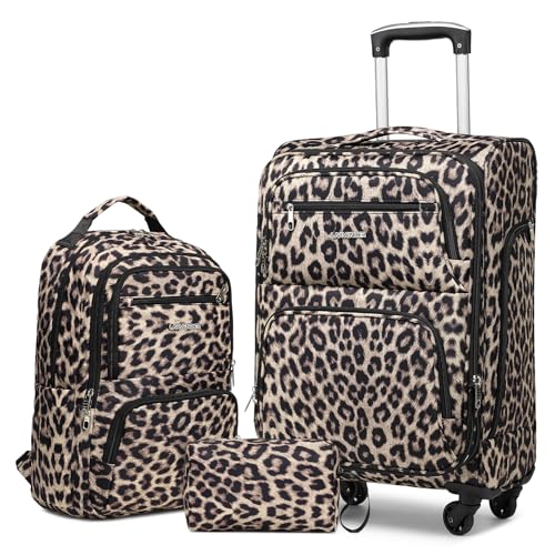 LARVENDER 3 Piece Luggage Set with Spinner Wheels - Expandable Softside 20 Inch Carry On Suitcase 22x14x9 Airline Approved Leopard Print