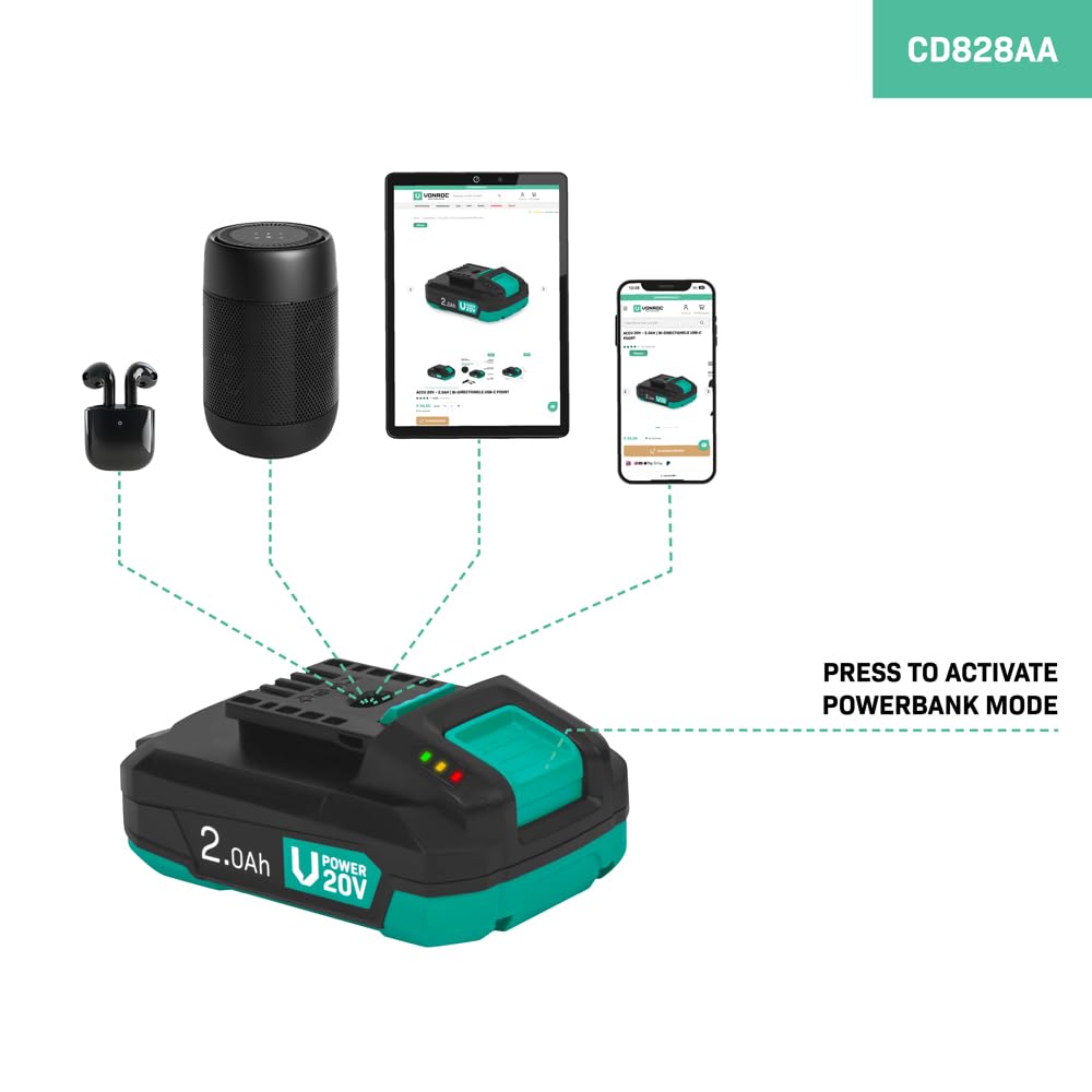 VONROC Batería 20V – 2.0Ah con Puerto USB-C Bidireccional y Power Delivery | Compatible con Plataforma VONROC 20V | Función Powerbank, Protección Electrónica y Diseño Robusto