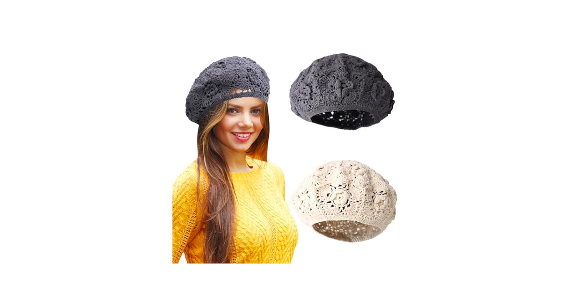 AMBERGREAＭ　Crochet Knit Tam Knit Tam Hats for Women & Men, Cotton Beret-Style Crochet
