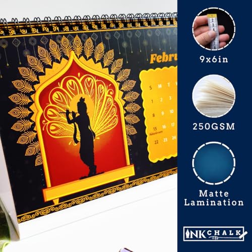Image of Lord Krishna Silhouette Desk Calendar 2026 | 9x6 Inch Flip Calendar with Unique Krishna Art & Vibrant Backgrounds | Indian Holidays Marked | Spiritual Office Desk Decor