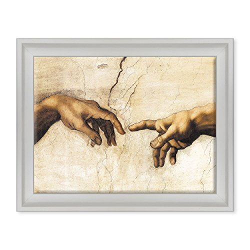 ConKrea - Quadro su Tela Canvas INTELAIATO - con Cornice - Michelangelo - La Creazione - Cappella Sistina - Arte Sacra - 30x40cm - Stile Contemporaneo Bianco - (cod.120)