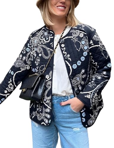 Wyeysyt Chaqueta acolchada corta para mujer, con botones, estampado floral, manga larga, ligera, con frente abierto, acolchado, 01 azul oscuro, Large