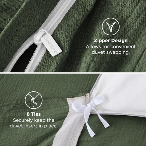 Image of Bedsure Muslin Duvet Cover Queen Size - Cotton Blend Viscose Derived from Bamboo, Cooling Duvet Cover, PureWoven Ultra-Soft & Breathable Bedding Set for All Seasons (Olive Green, 90 inchx90 inch)
