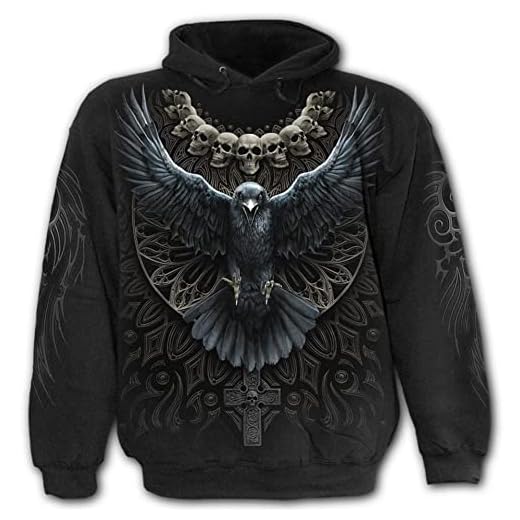 3D All Over Printed Norse Myth Odin Raven Crow Tattoo Quick Dry Huvtröjor, Herr Svart Etnisk Wear Långärmad Huvtröja,Raven skull,3XL
