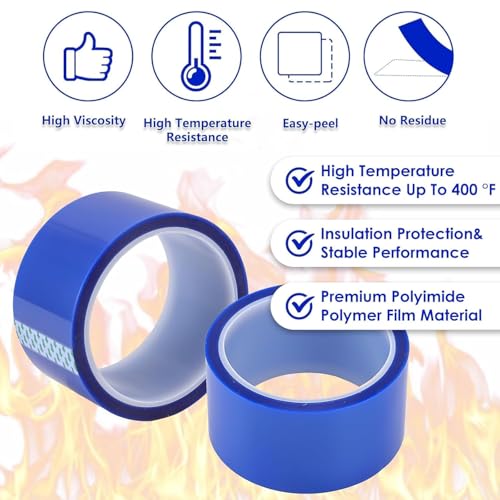 Image of 2 Rolls 50mm X 33m (108ft) Blue Heat Resistant Tape, High Temperature Heat Transfer Tape, Double Sided Heat Resistant Tape for Sublimation Press Electronic Soldering Insulation, No Residue