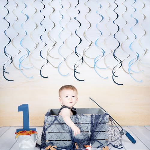 Image of 36 Pcs Dusty Blue Gray Hanging Swirl Decorations Navy Blue Grey Felt Swirl Streamer Spiral Ceiling Garland for Baby Shower Wedding Birthday Engagement Ahoy Achor Nautical Graduation Party Supplies