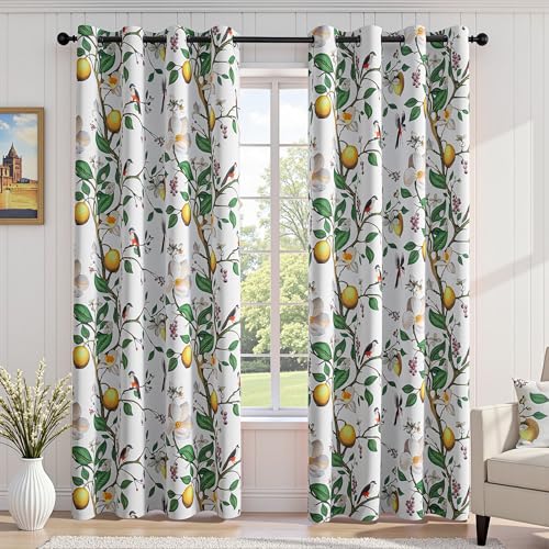 Image of MYSKY HOME Floral Blackout Curtains 84 inch Long for Living Room Vintage French Country Grommet Lemon Hummingbird Patterned Room Darkening Thermal Drapes Bedroom Dining Room, 2 Pcs, 52 inch, Greyish White