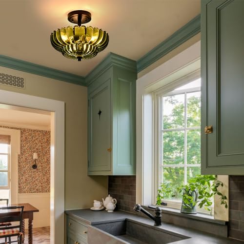 Image of Modern Green Glass Scalloped 3-Light Flush Mount Ceiling Light Black Base | Vintage Ceiling Lights, Close to Ceiling Light, Semi Flush Mount Ceiling Light for Hallway Bedroom Entryway Kitchen