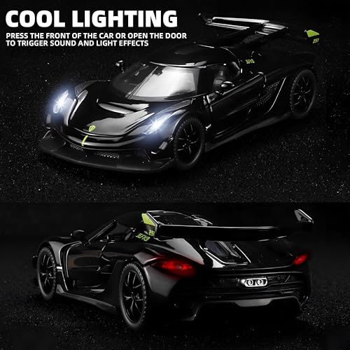 Image of 1:32 Scale Koenigsegg Jesko Model Super Car - Exclusive Alloy Metal Pullback Toy with Openable Doors, Lights, and Music for Kids (Black)