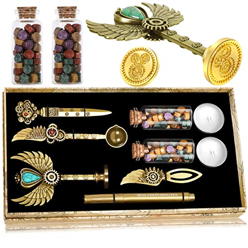 Wax Seal Stamp Set,Wax Seal Kit with Include 2 bottles of wax sealing beads,Wax Seal Stamp,Sealing Wax Spoon, Metallic Pens,Bookmarks,Wax Seal Stamp kit for Invitations and Decoration