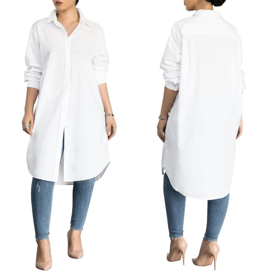 Camicetta lunga da donna con colletto rovesciato, alla moda, casual