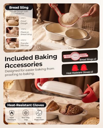 Image of Mini Double Dutch Oven for Sourdough, Enameled Cast Iron Bread Pan, White | Double Loaf Bread Pan with Lid, Mini Sourdough Dutch Oven for Bread Baking