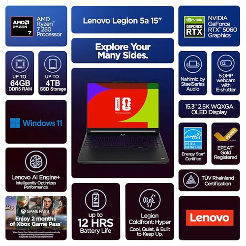 Image of Lenovo Legion 5a Gaming Laptop, 15.3 inch OLED WQXGA 165HZ, AMD Ryzen 7 250, NVIDIA GeForce RTX 5060, 32GB DDR5 2TB SSD, Backlit KB, WiFi7, Backlit KB, Win11, Eclipse Black, w /2TB USB Drive, W /GaLiMu