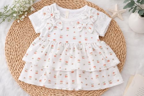 Image of Bold N Elegant Baby Girl Cotton Summer Dress Frock with Cherry Print n Bow | Short Sleeve Casual Outfit for Infant Toddler Girls